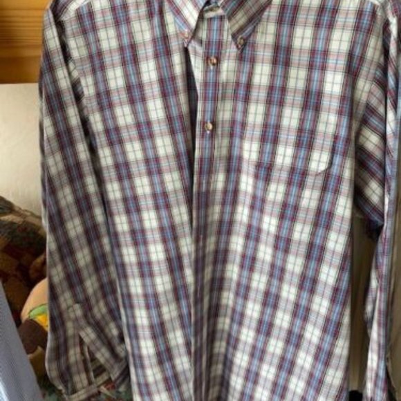 NORDSTROM * l/s BLUE White RED PLAID Dress SHIRT~ button collar & cuffs ~ XL - Picture 2 of 5